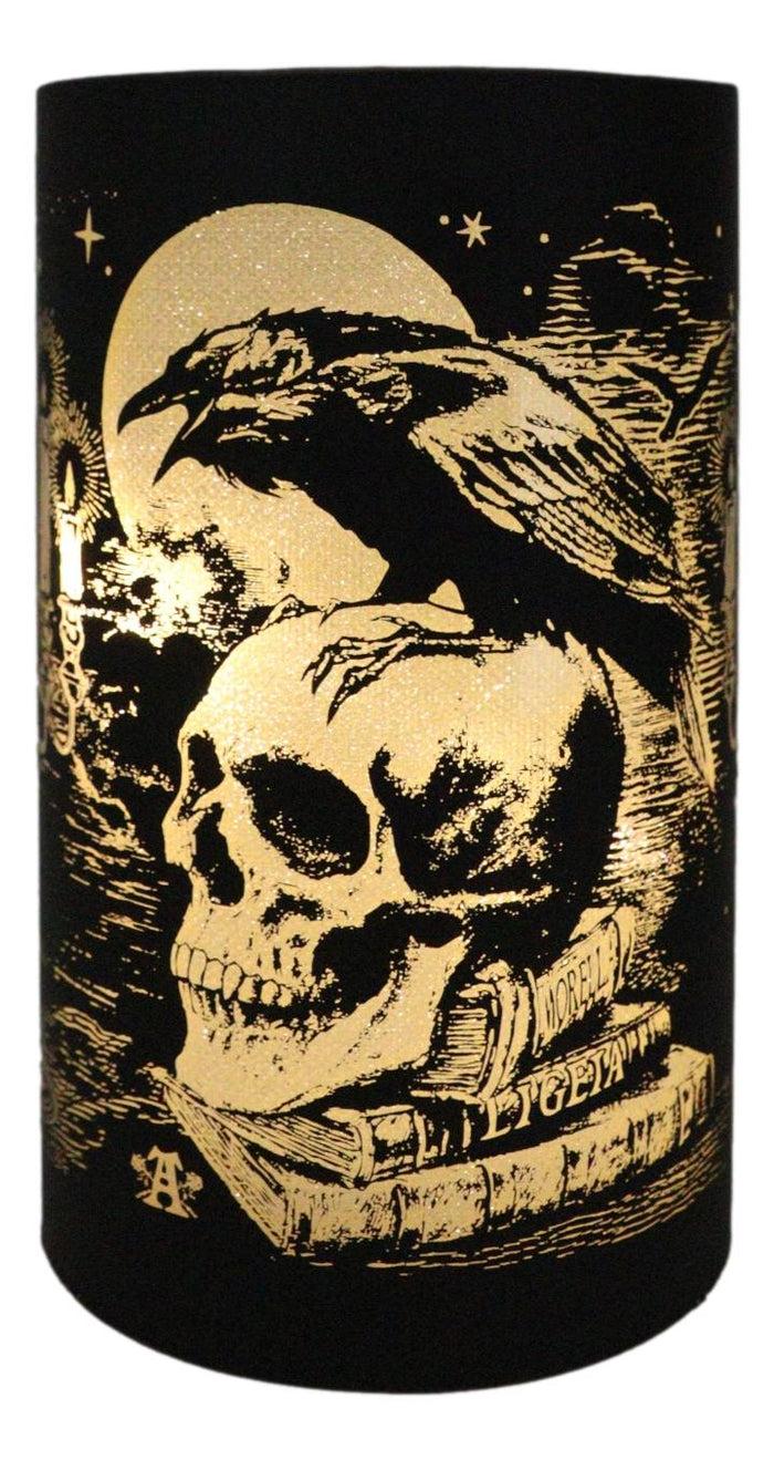 Ebros Gift Gothic Poe's Raven On Skull And Books Of Bibliography LED Etched Glass Lantern