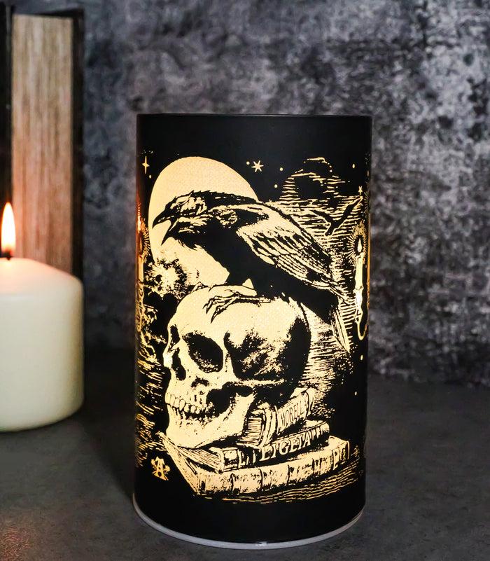 ebros gift Gothic Poe's Raven On Skull And Books Of Bibliography LED Etched Glass Lantern