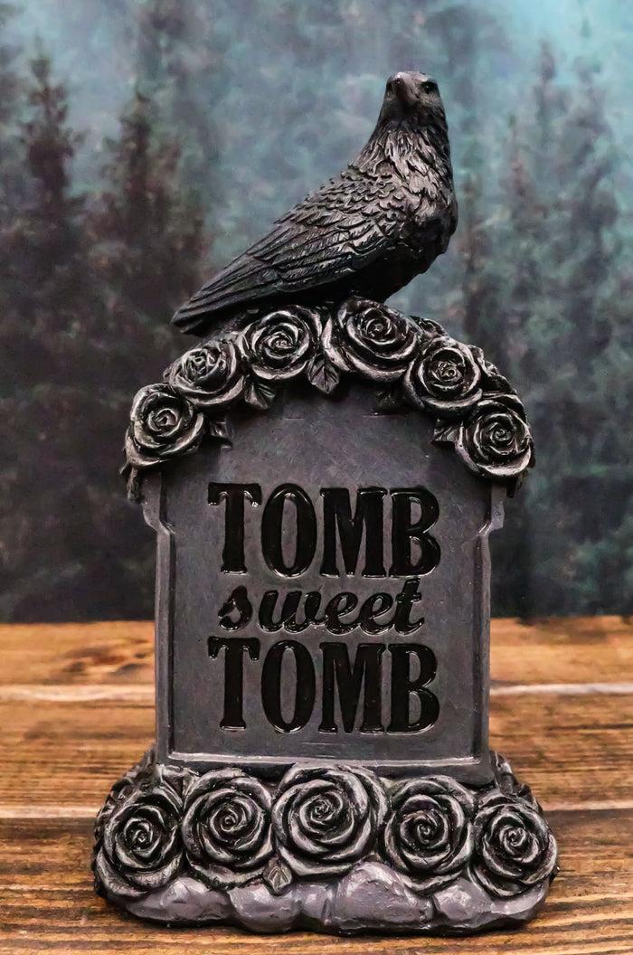 ebros gift Gothic Raven Crow Perching On Black Roses Graveyard Tomb Headstone Figurine