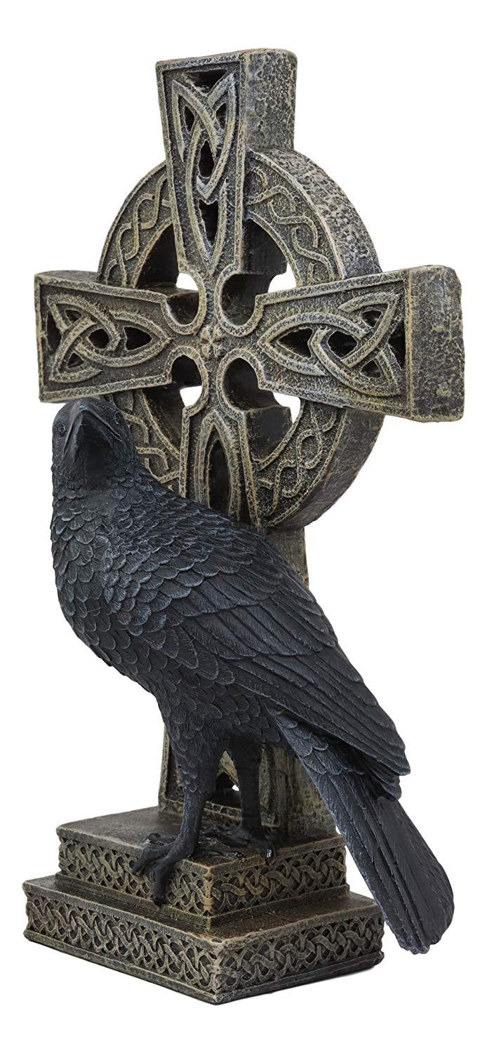 Ebros Gift Gothic Raven Crow Perching On Celtic Cross Tomb Statue Harbinger Of Doom Decor