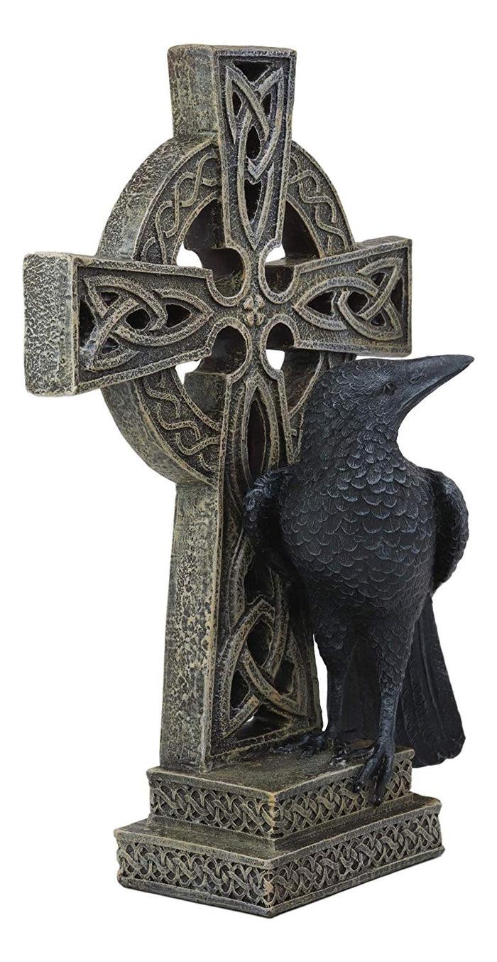 Ebros Gift Gothic Raven Crow Perching On Celtic Cross Tomb Statue Harbinger Of Doom Decor