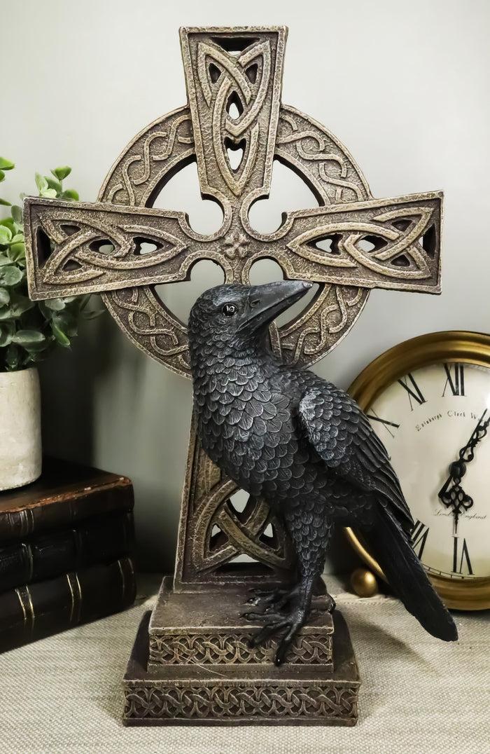 ebros gift Gothic Raven Crow Perching On Celtic Cross Tomb Statue Harbinger Of Doom Decor