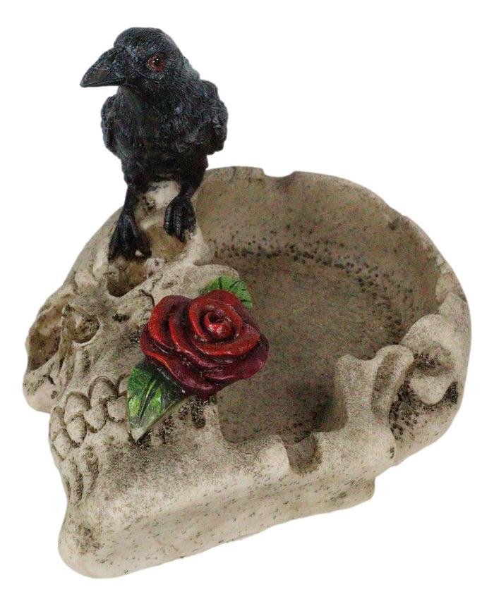Ebros Gift Gothic Raven Crow Perching On Rose Skull Cigarette Ashtray Jewelry Dish Figurine