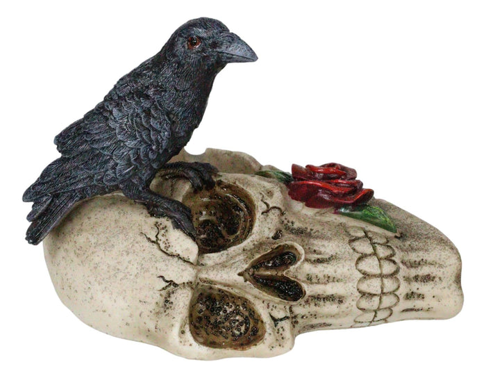 Ebros Gift Gothic Raven Crow Perching On Rose Skull Cigarette Ashtray Jewelry Dish Figurine