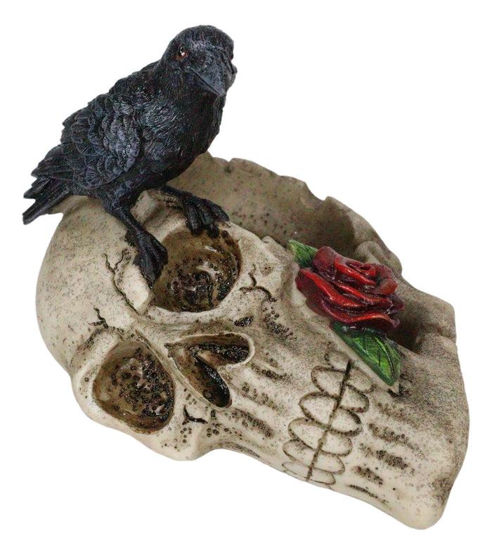 Ebros Gift Gothic Raven Crow Perching On Rose Skull Cigarette Ashtray Jewelry Dish Figurine