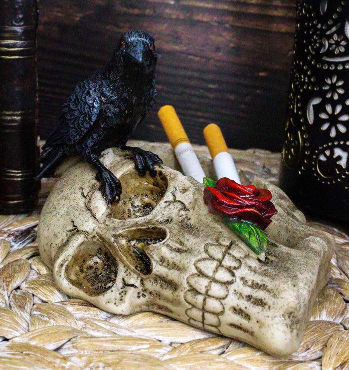 ebros gift Gothic Raven Crow Perching On Rose Skull Cigarette Ashtray Jewelry Dish Figurine