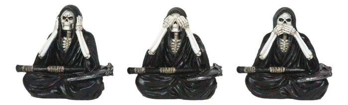 Ebros Gift Gothic See Hear Speak No Evil Grim Reaper Skeletons With Scythes Figurines Set