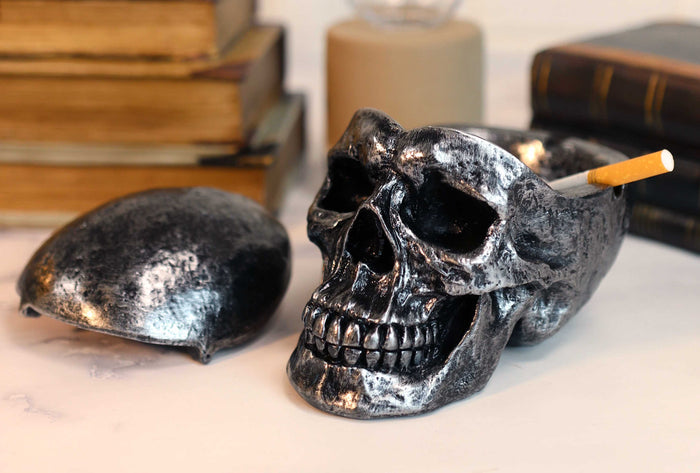 ebros gift Gothic Silver Black Homosapien Skull Ashtray Statue Haunted Pirate Loot Box