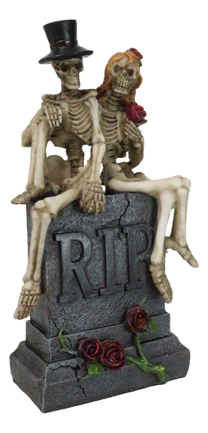 Ebros Gift Gothic Skeleton Bridal Couple Sitting On Grave Tombstone With Red Roses Figurine