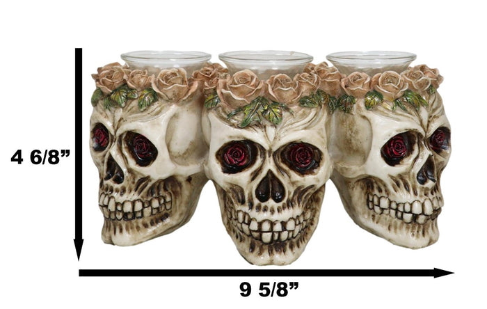 Ebros Gift Gothic Skulls With Pink Roses Laurel Triple Votive Tea Light Candles Holder