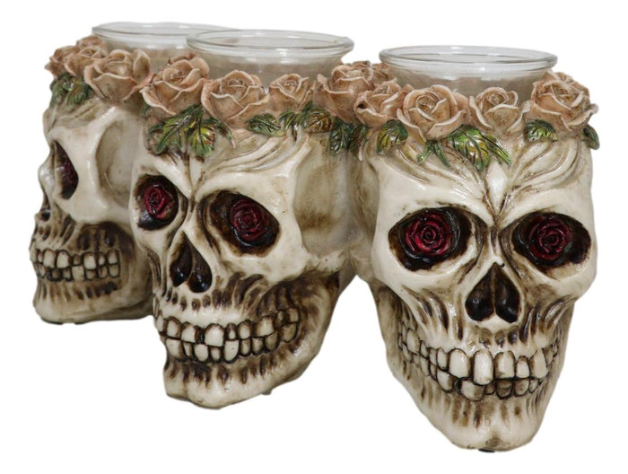 Ebros Gift Gothic Skulls With Pink Roses Laurel Triple Votive Tea Light Candles Holder