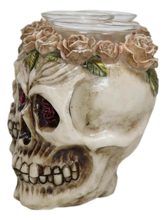 Ebros Gift Gothic Skulls With Pink Roses Laurel Triple Votive Tea Light Candles Holder