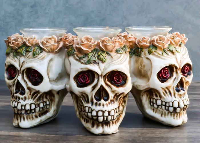 ebros gift Gothic Skulls With Pink Roses Laurel Triple Votive Tea Light Candles Holder