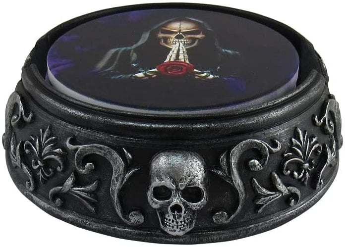 Ebros Gift Gothic Tribal Tattoo Scrollwork Morbid Skulls With Grim Reaper Rose Coaster Set