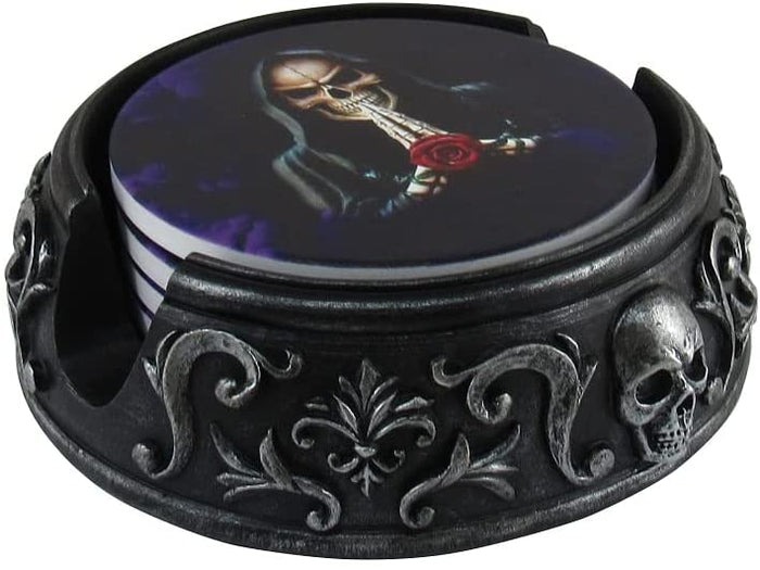 Ebros Gift Gothic Tribal Tattoo Scrollwork Morbid Skulls With Grim Reaper Rose Coaster Set