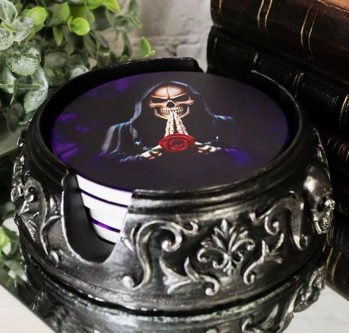 ebros gift Gothic Tribal Tattoo Scrollwork Morbid Skulls With Grim Reaper Rose Coaster Set