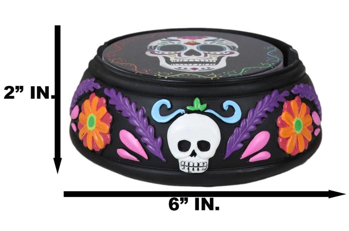Ebros Gift Gothic Tribal Tattoo Sugar Skulls Floral Day Of The Dead Coasters And Holder Set