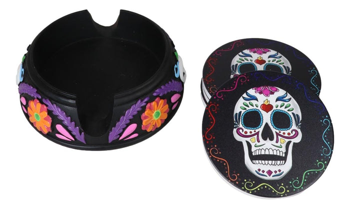 Ebros Gift Gothic Tribal Tattoo Sugar Skulls Floral Day Of The Dead Coasters And Holder Set