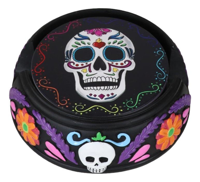 Ebros Gift Gothic Tribal Tattoo Sugar Skulls Floral Day Of The Dead Coasters And Holder Set