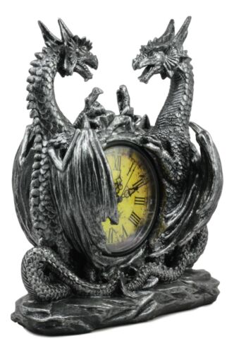 Ebros Gift Gothic Twin Dragons Table Clock Statue With Roman Numerals In Metallic Look 11"H