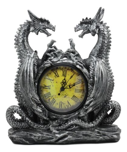 Ebros Gift Gothic Twin Dragons Table Clock Statue With Roman Numerals In Metallic Look 11"H