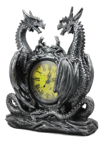 Ebros Gift Gothic Twin Dragons Table Clock Statue With Roman Numerals In Metallic Look 11"H