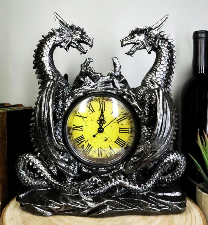 ebros gift Gothic Twin Dragons Table Clock Statue With Roman Numerals In Metallic Look 11"H