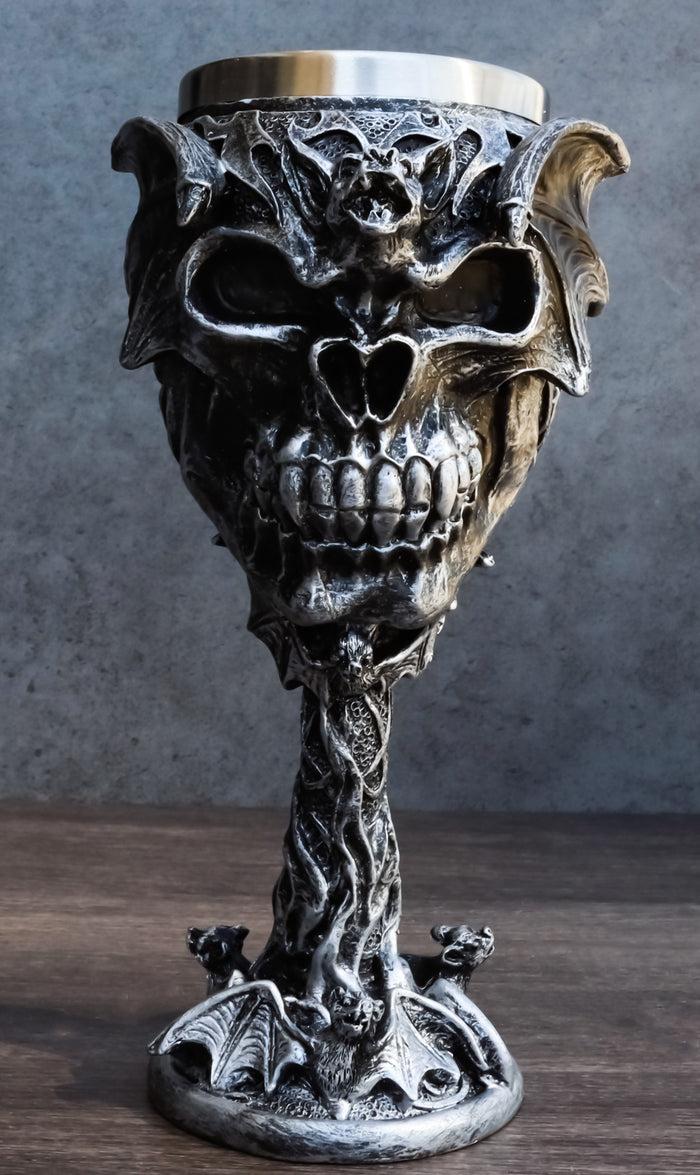 ebros gift Gothic Vampire Bat Skull With Bats Cave Tower And Celtic Knotwork Wine Goblet