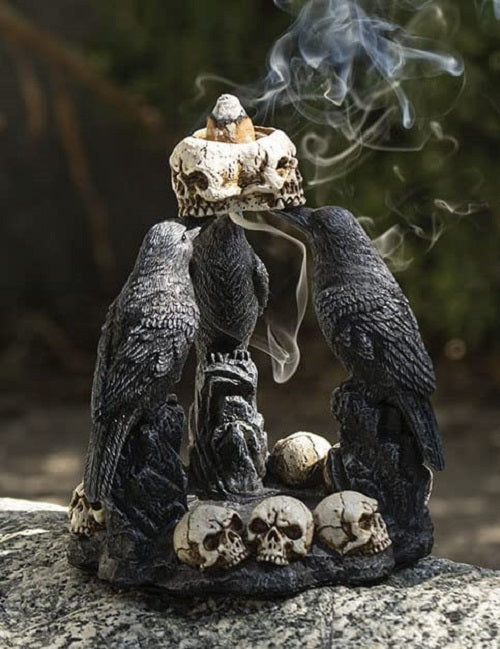 ebros gift Gothic Wicca Quoth Trio Ravens Nevermore With Skulls Backflow Incense Burner