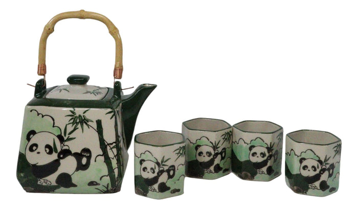 Ebros Gift Green Bamboo Lucky Panda Bear Ceramic Hexagonal Teapot With 4 Tea Cups Set