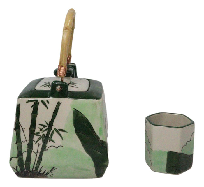 Ebros Gift Green Bamboo Lucky Panda Bear Ceramic Hexagonal Teapot With 4 Tea Cups Set