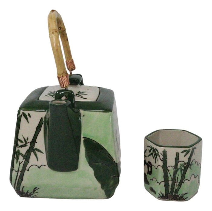 Ebros Gift Green Bamboo Lucky Panda Bear Ceramic Hexagonal Teapot With 4 Tea Cups Set