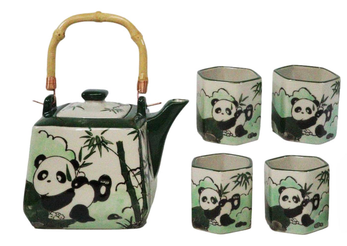ebros gift Green Bamboo Lucky Panda Bear Ceramic Hexagonal Teapot With 4 Tea Cups Set