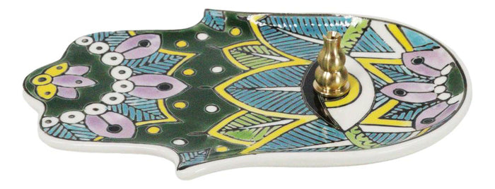 Ebros Gift Green Chakra Hamsa Palm Mandala And Evil Eye Ceramic Dish Brass Incense Holder