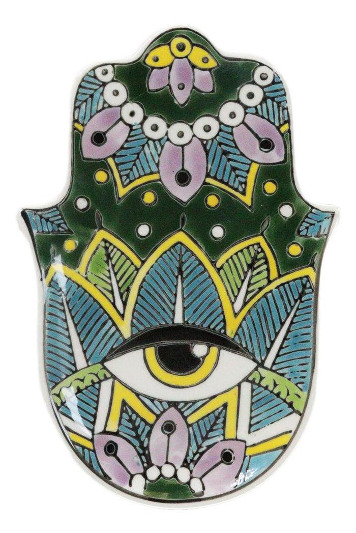 ebros gift Green Chakra Hamsa Palm Mandala and Evil Eye Ceramic Dish Brass Incense Holder
