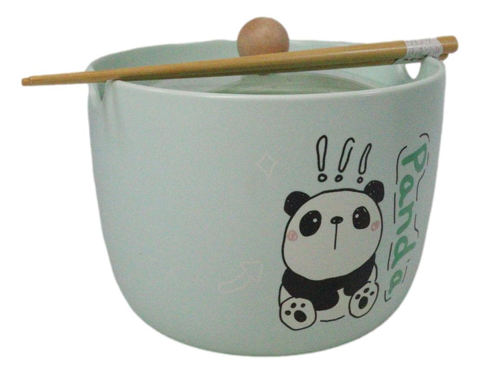 Ebros Gift Green Curious Lucky Panda Donburi Ramen Soup Bowl With Chopsticks And Lid