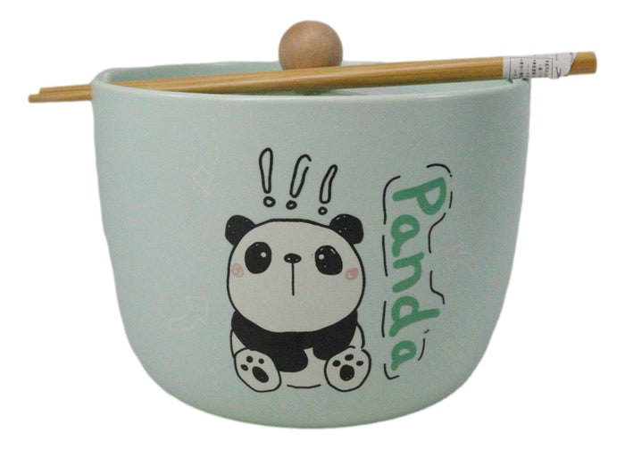 ebros gift Green Curious Lucky Panda Donburi Ramen Soup Bowl With Chopsticks And Lid