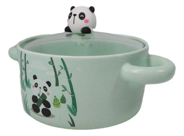 Ebros Gift Green Curious Panda Bear Donburi Ramen Soup Bowl With Glass Lid And Handles
