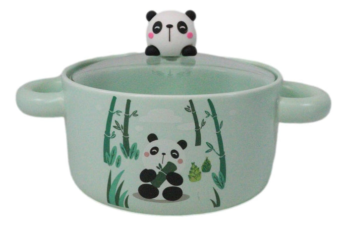 ebros gift Green Curious Panda Bear Donburi Ramen Soup Bowl With Glass Lid And Handles
