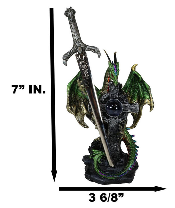 Ebros Gift Green Druid Dragon With Celtic High Cross & Gothic Sword Letter Opener Figurine