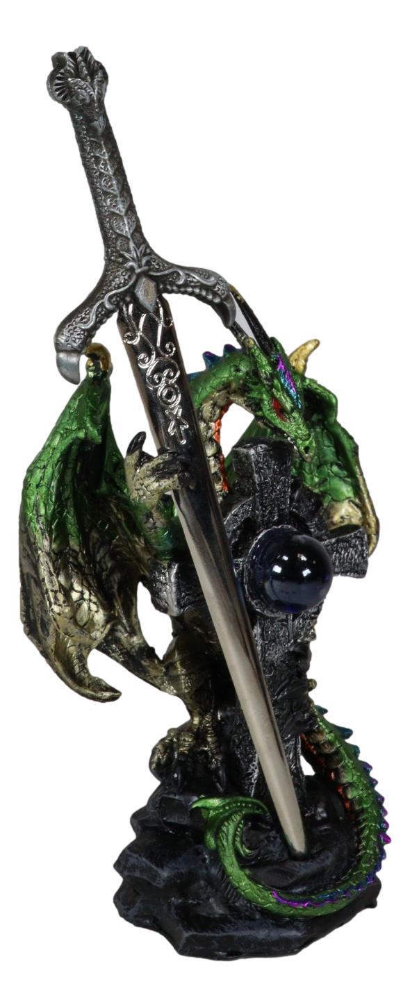 Ebros Gift Green Druid Dragon With Celtic High Cross & Gothic Sword Letter Opener Figurine