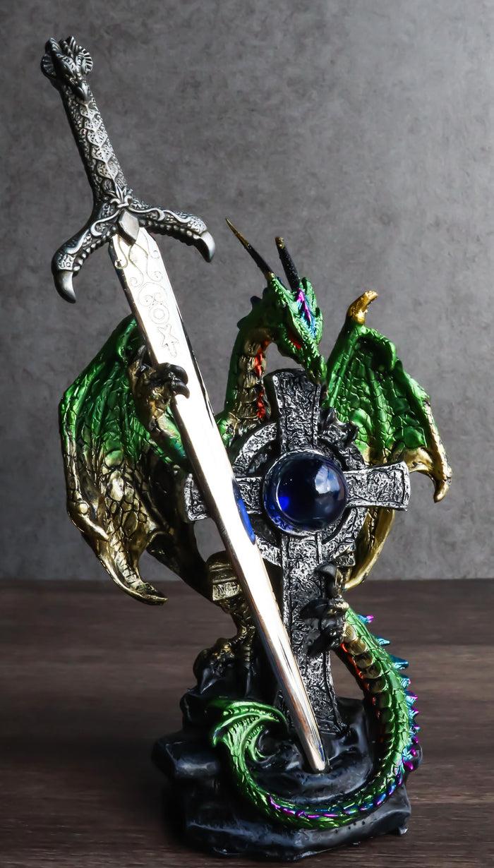 ebros gift Green Druid Dragon With Celtic High Cross & Gothic Sword Letter Opener Figurine