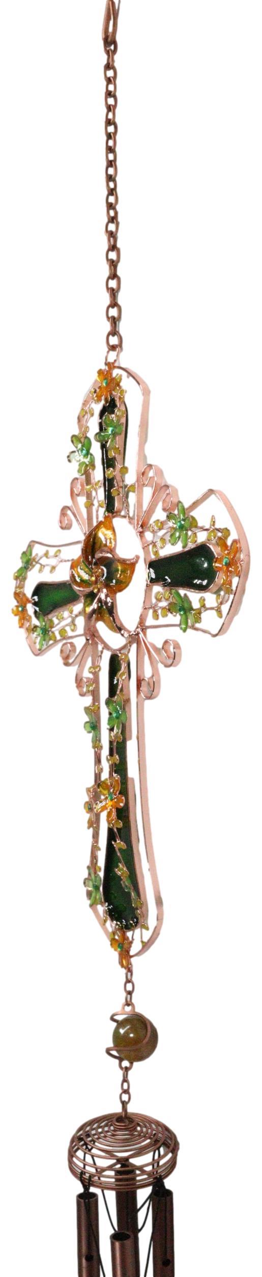 Ebros Gift Green Floral Shamrock Cross With Gemstones Metal Scroll Filigree Wind Chime 31"H