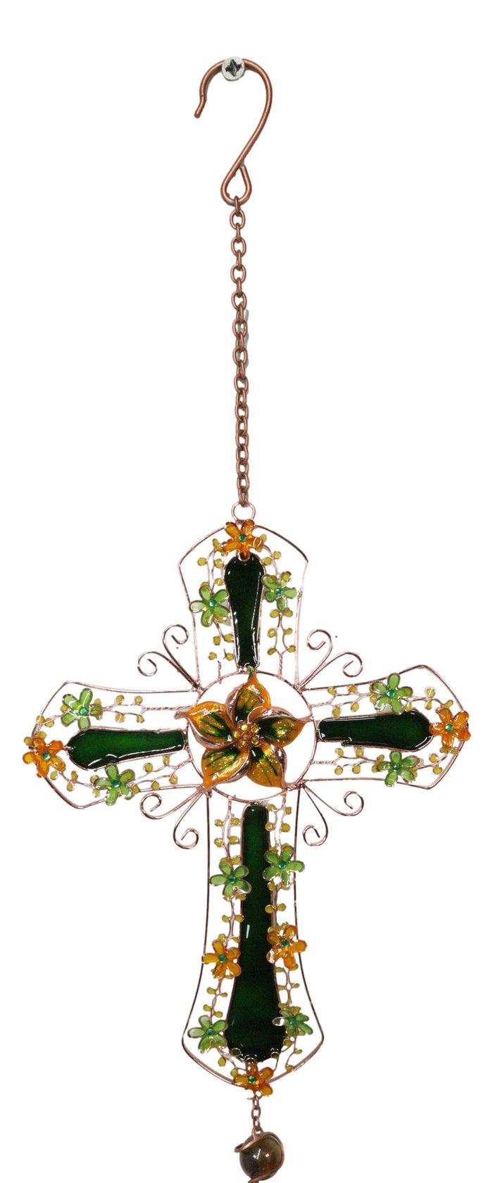 Ebros Gift Green Floral Shamrock Cross With Gemstones Metal Scroll Filigree Wind Chime 31"H