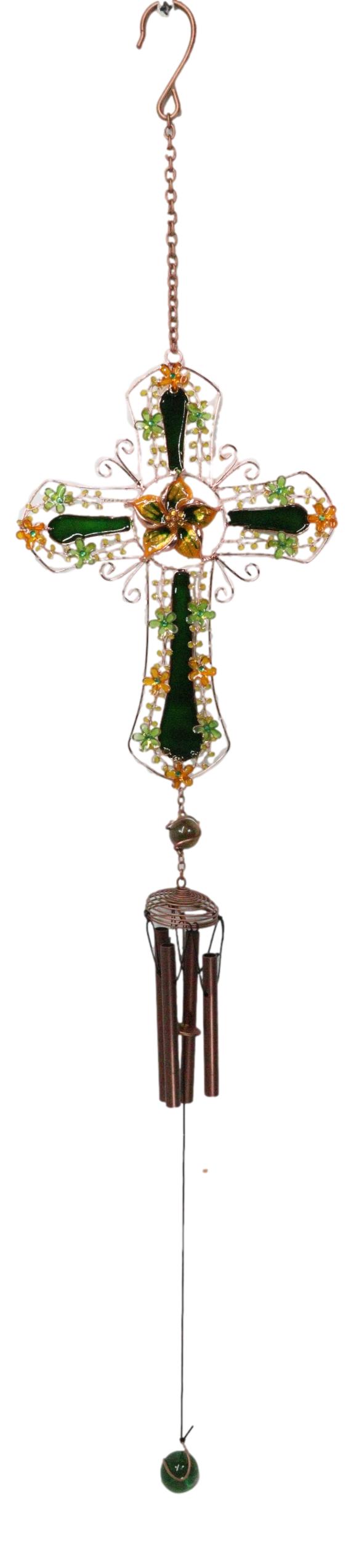 ebros gift Green Floral Shamrock Cross with Gemstones Metal Scroll Filigree Wind Chime 31"H