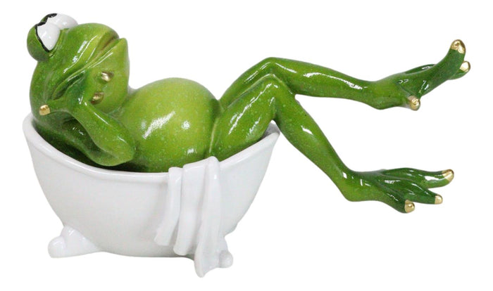 ebros gift Green Frog with Golden Nails Soaking in Bath Tub While Daydreaming Figurine