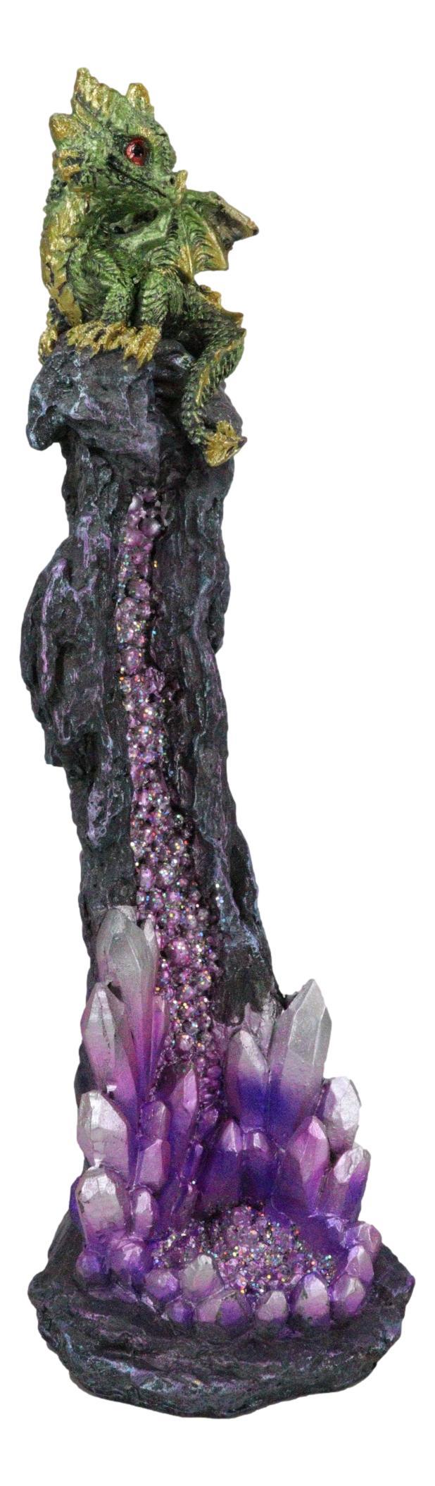 Ebros Gift Green Gaia Baby Dragon Guarding Faux Geode Crystal Rock Pillar Incense Burner