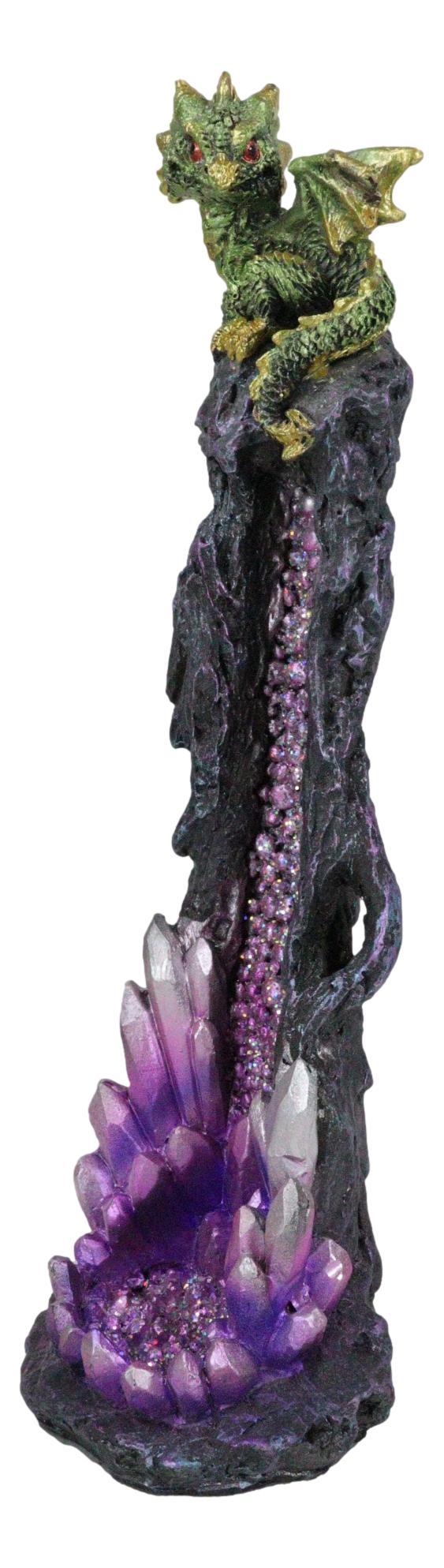 Ebros Gift Green Gaia Baby Dragon Guarding Faux Geode Crystal Rock Pillar Incense Burner