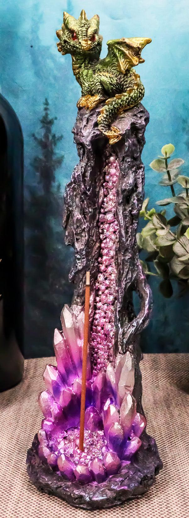 ebros gift Green Gaia Baby Dragon Guarding Faux Geode Crystal Rock Pillar Incense Burner