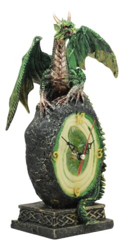 Ebros Gift Green Jade Crystal Quartz Dragon On Fossil Rock Desktop Clock Figurine 10"H
